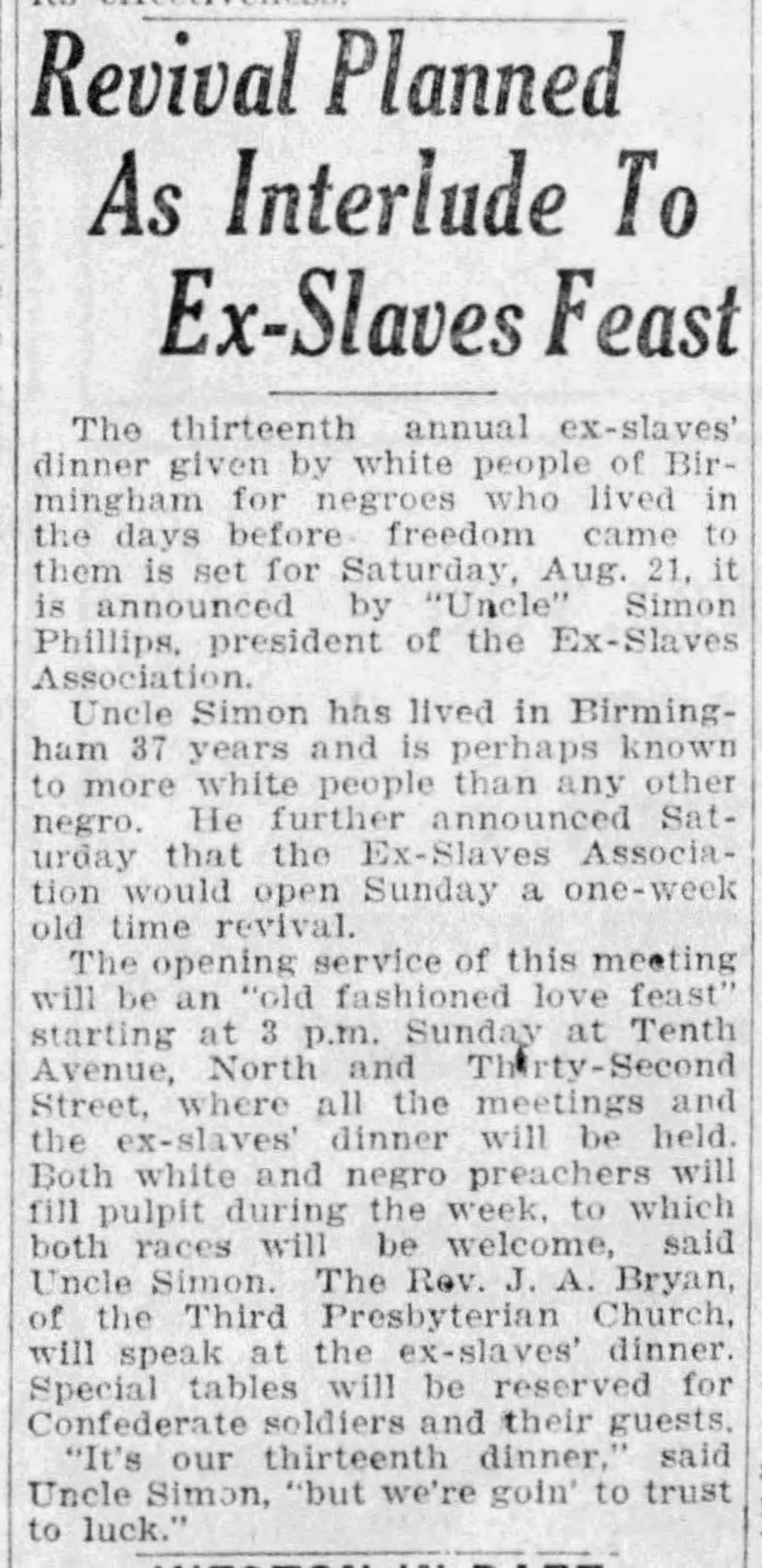 Revival Planned As Interlude to Ex-Slaves Feast